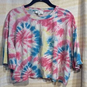 Urban Daizy Tie Dye Cropped Top | Pink Blue Yellow Tee | Short Sleeve | Size M